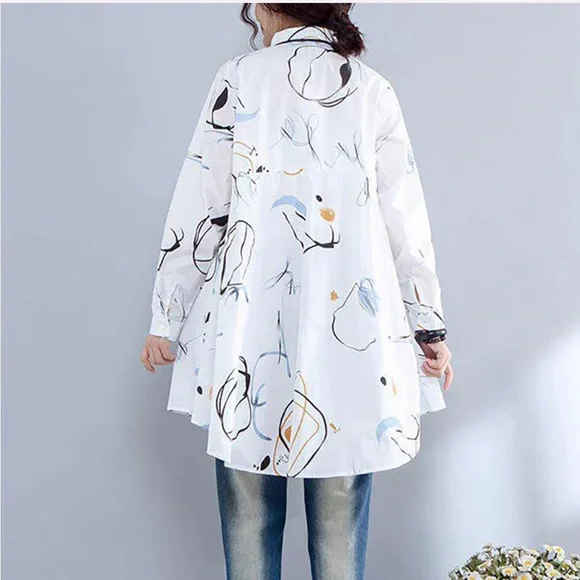 BUYKUD White Cotton Tunic Button Down Top Abstract Artsy Print Flowy Fit Medium - Picture 3 of 12